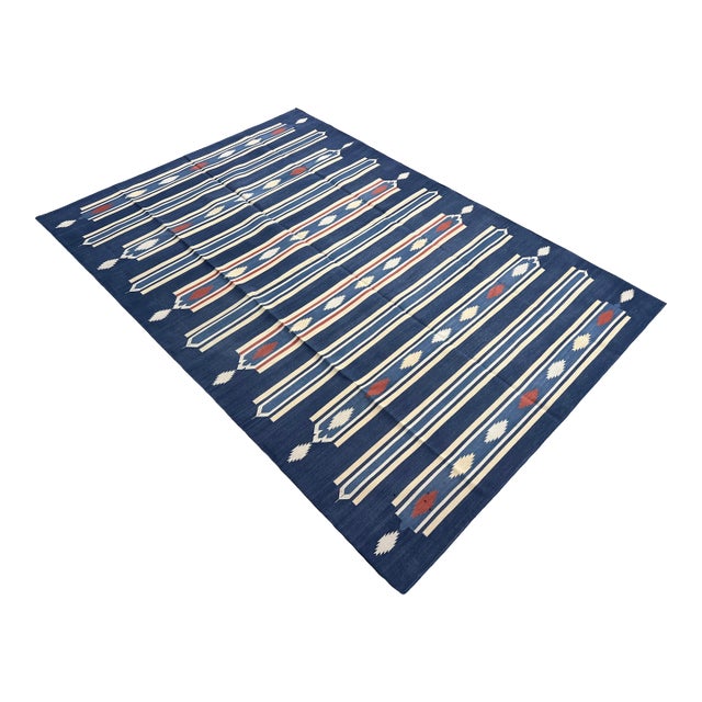 Handmade Cotton Area Rug, Vegetable Dyed, Indigo Blue, Cream and Terracotta Striped Dhurrie -6'x9' For Sale