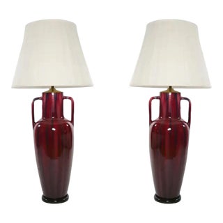 Exquisite Pair Flambé Porcelain / Black Wood Table Lamp For Sale