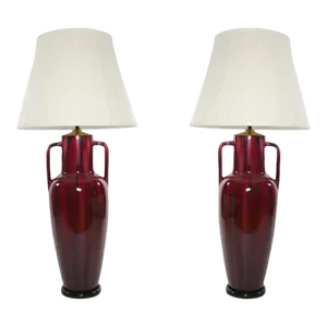 Exquisite Pair Flambé Porcelain / Black Wood Table Lamp