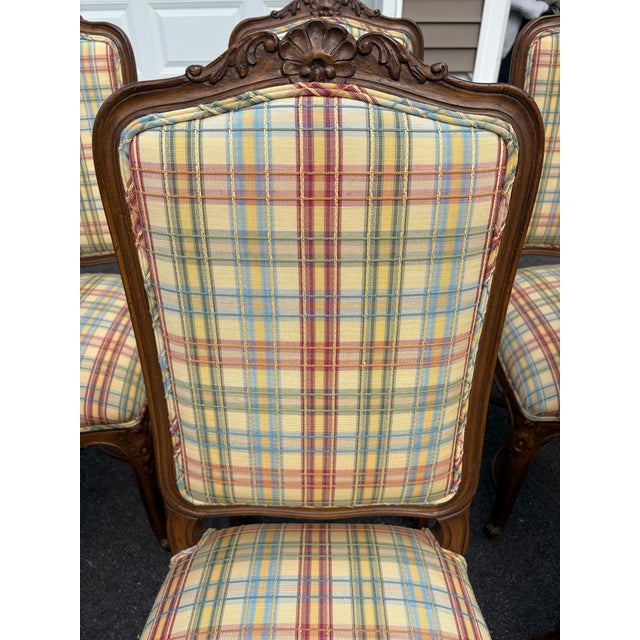 Vintage French Style Wood and Plaid Upholstered Dining Chairs- A Set of 6 For Sale - Image 10 of 11