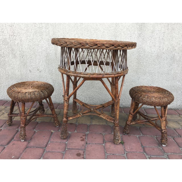 Table and 2 Wicker Stools 1960s, Set of 3 For Sale - Image 6 of 14