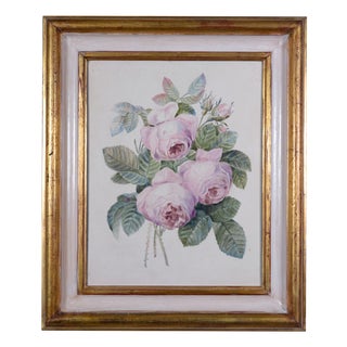 Antique Hand-Painted Porcelain Plaque with Pink Roses in Giltwood Frame, Late 20th Century For Sale