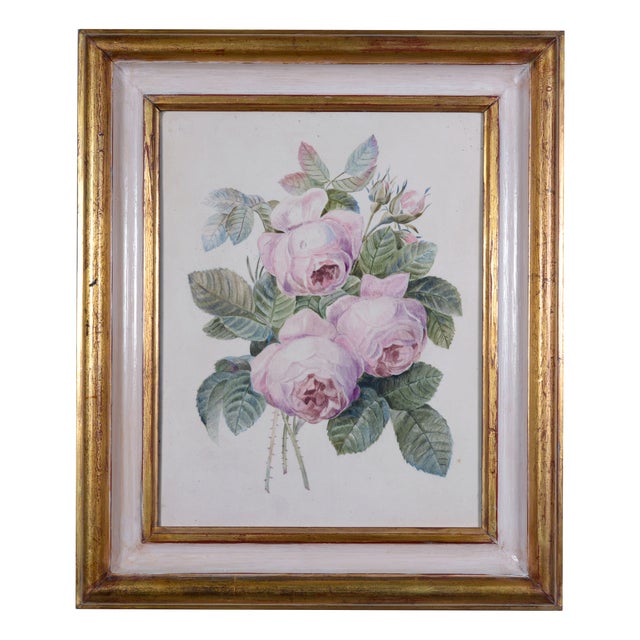 Antique Hand-Painted Porcelain Plaque with Pink Roses in Giltwood Frame, Late 20th Century For Sale