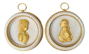 Late Louis XVI Ormolu Mounted Franz I and Maria Theresa of Austria Portrait Medallions in White Marble, Set of 2