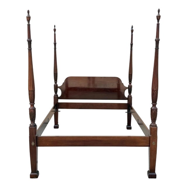 Vintage Georgian Federal Style Mahogany Four Poster Rice Carved Queen Sz Bed For Sale