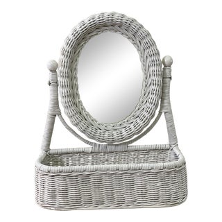 Vintage White Wicker Table Top Mirror Vanity For Sale