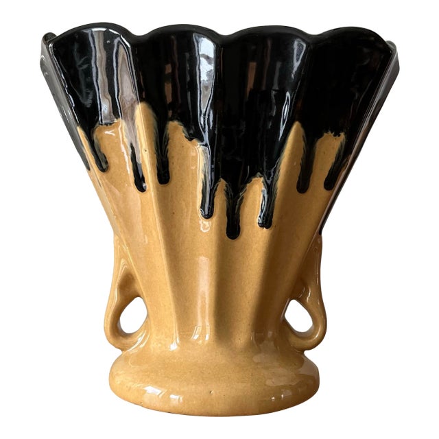 1930s Vintage Zanesville "Ebonello" Drip Glaze Fan Vase For Sale