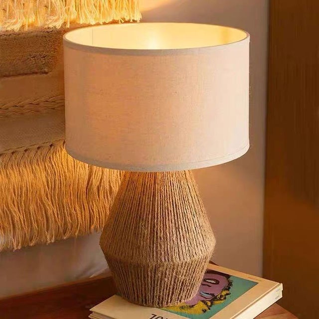 Paper rope texture base + matching linen shade, earth tones fit wabi-sabi/Japanese spaces. Warm light through texture...