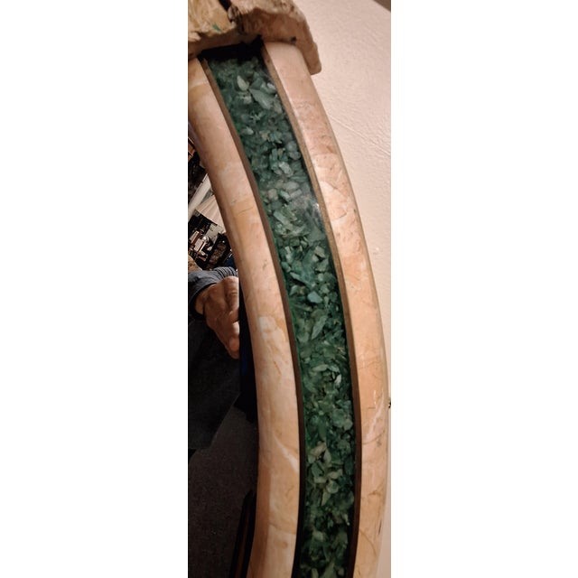 Cream 1950s Bassett Furniture Inlaid Brass & Crushed Malachite Tessellated Marble Console Table and Mirror - Set of 2 For Sale - Image 8 of 12