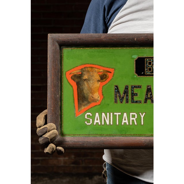 Early 20th Century Reverse-Painted Brooklyn Meat-Market Scalloped Glass Sign For Sale - Image 4 of 7