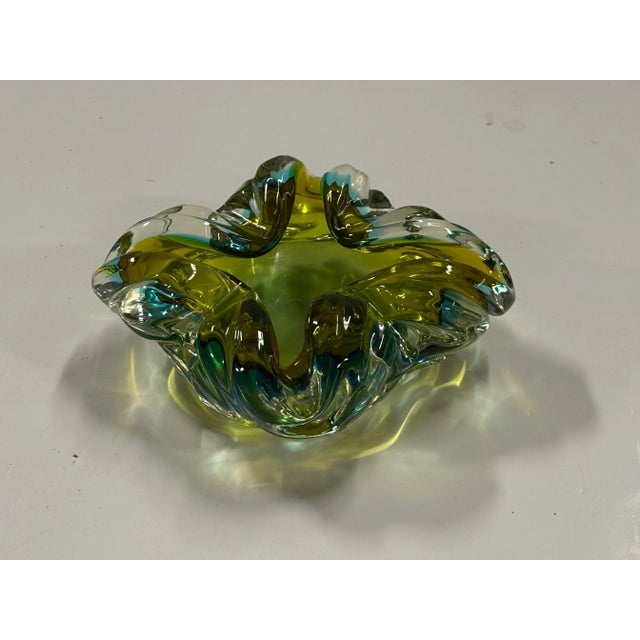 Murano Style Hand Blown Green With Blue Ashtray For Sale - Image 11 of 12