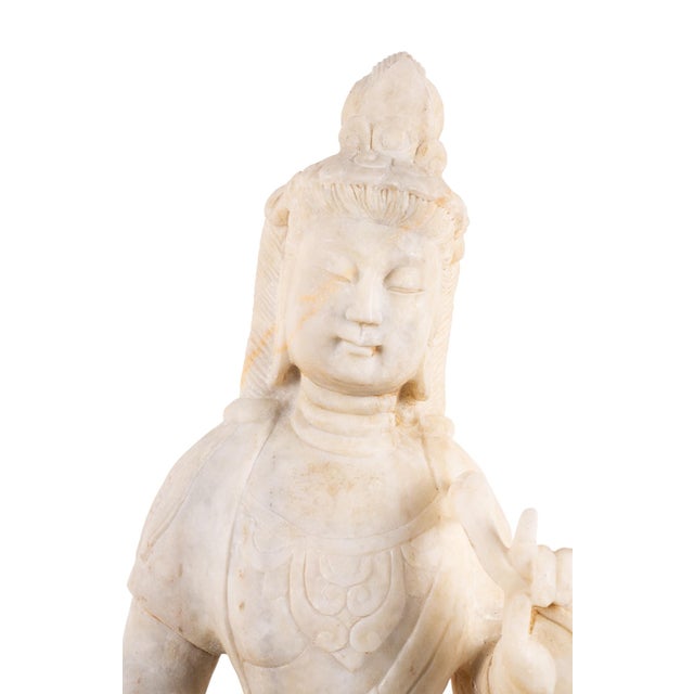Chinese Vintage Chinese Carved White Marble Guanyin Buddhist Sculpture on Lotus Base For Sale - Image 3 of 7