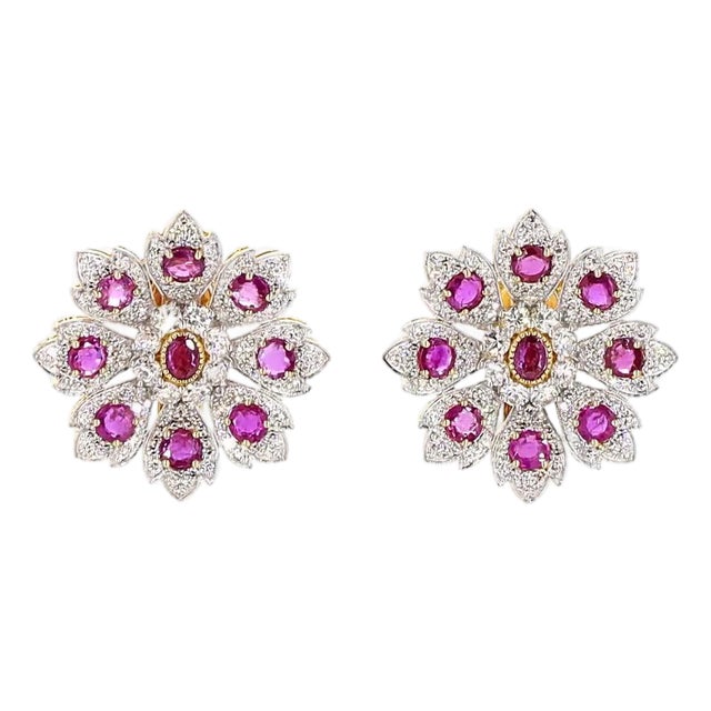 4.02 Carat Round Brilliant Cut Diamond Ruby Gold Earrings, Pair For Sale