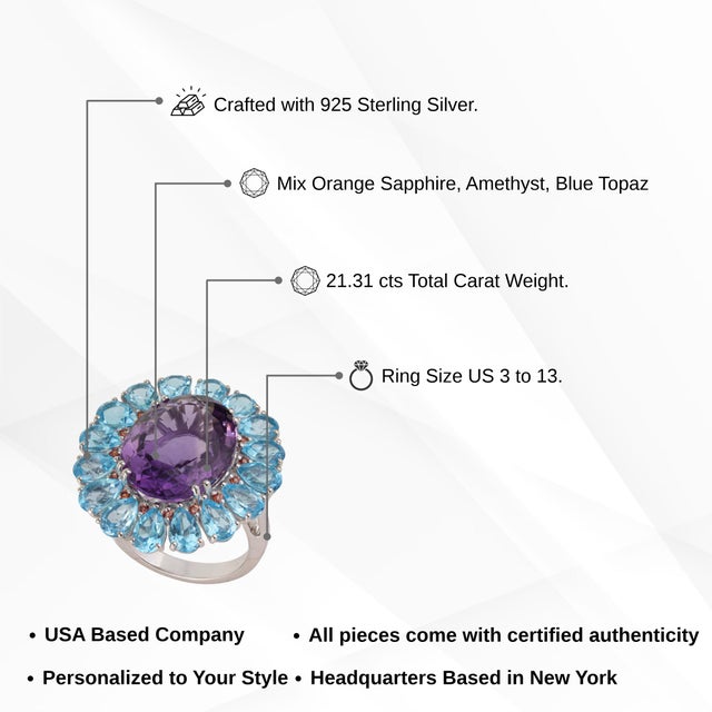 Celestial Amethyst Blue Topaz & Orange Sapphire Sterling Silver Cocktail Ring Size 7.5 For Sale - Image 9 of 12