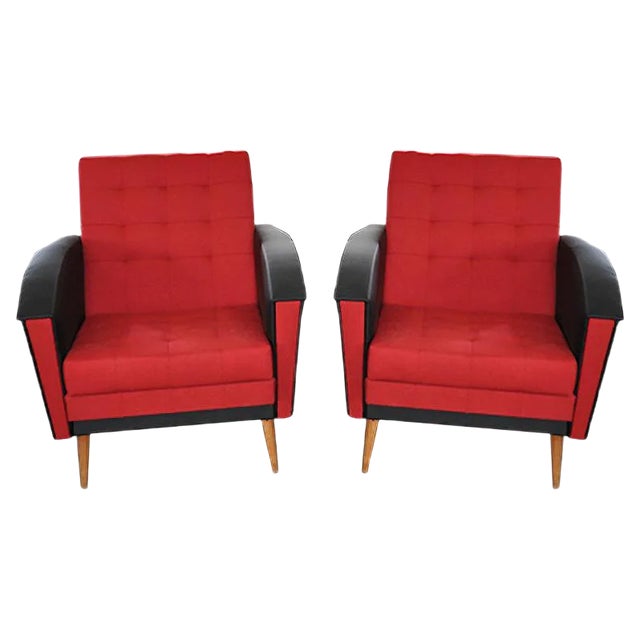 Set of Vintage Red & Black Lounge Chairs, 1960s For Sale