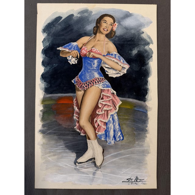 Artist: Pamela De Meo Gouache on cardboard, 52 x 34 cm Signed and dated Rome 1956 Possibly the skater is Tenley Albright...