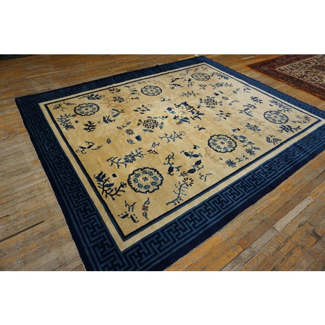1900s Beige Ground Six Asymmetric Knots Chinoiserie Antique Chinese Peking Rug For Sale - Image 9 of 14