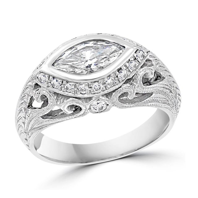 Metal 1 Carat Marquise Shape Center Diamond 14 Karat White Gold Ring, Art Deco Style For Sale - Image 7 of 18
