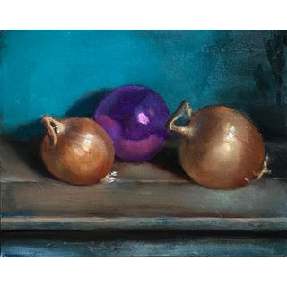 Onions and Ornament by Nancy Bea Miller | Oil Painting of onions and a purple ornament For Sale