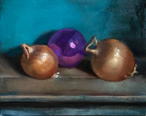 Onions and Ornament by Nancy Bea Miller | Oil Painting of onions and a purple ornament