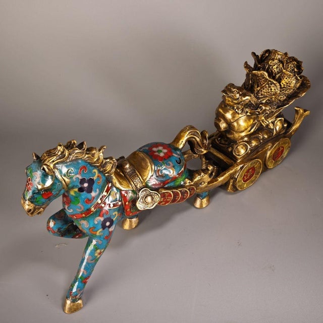 Vintage Cloisonne Enamel Horse & Cart Figure – 15.7" Gilt Wealth Sculpture For Sale In Los Angeles - Image 6 of 9