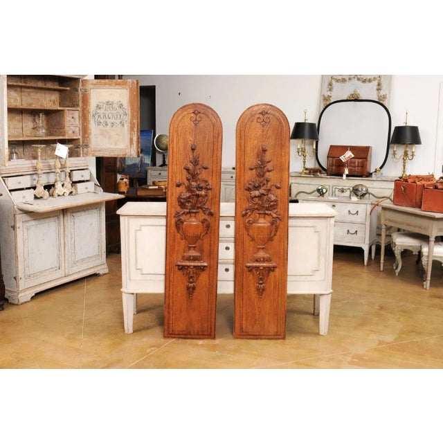 19th Century French 19th Century Carved Oak Vertical Panels with Bouquets in Vases - A Pair For Sale - Image 5 of 11