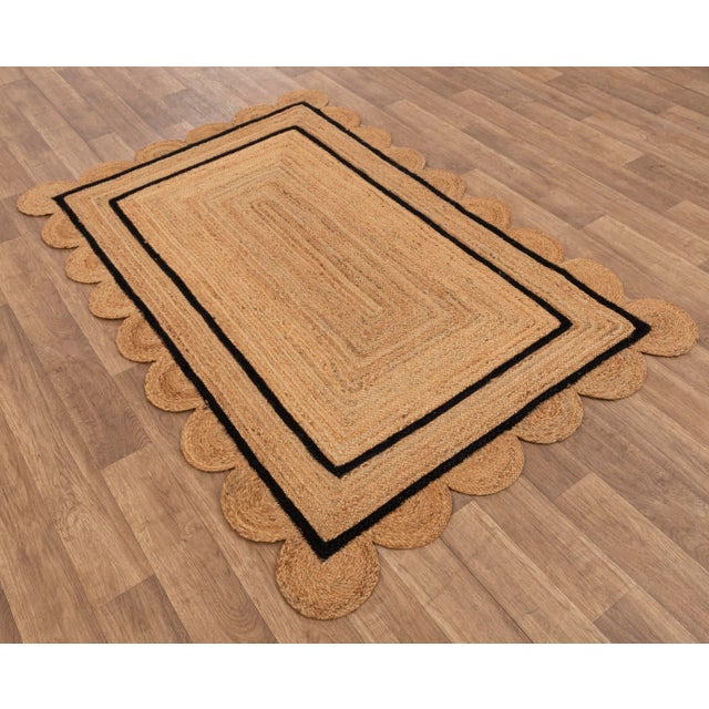 Not Yet Made - Made To Order 2.5x6 Ft. Black Double Line Border Braided Jute Scallop Rug For Sale - Image 5 of 6
