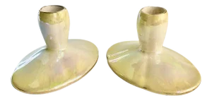 Antique Royal Winton Yellow Lustre Porcelain Low Candleholders- a Pair