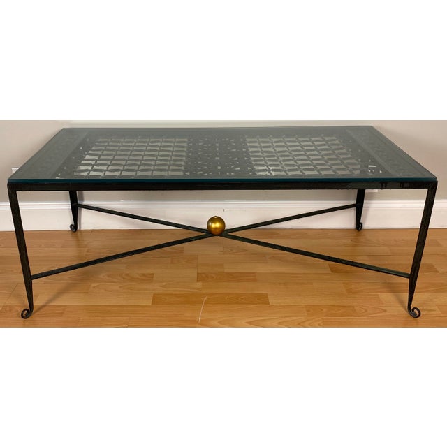 Mid-Century Modern Elegant Wrought Iron Coffee Table With Glass Top and Gilt Accent For Sale - Image 3 of 12