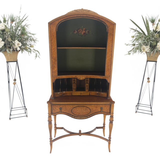 Brown Berkey & Gay Painted Decorated Petit Secretary Display Cabinet with Shelves Burl For Sale - Image 8 of 12