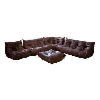 Brown Dubai Leather Togo Sofa, 1970s, Set of 5 For Sale
