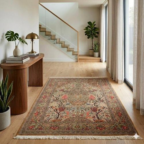 Kum rug in cotton and wool, fine knot, hand-made. This piece is attributed to the mentioned designer/maker. It has no...