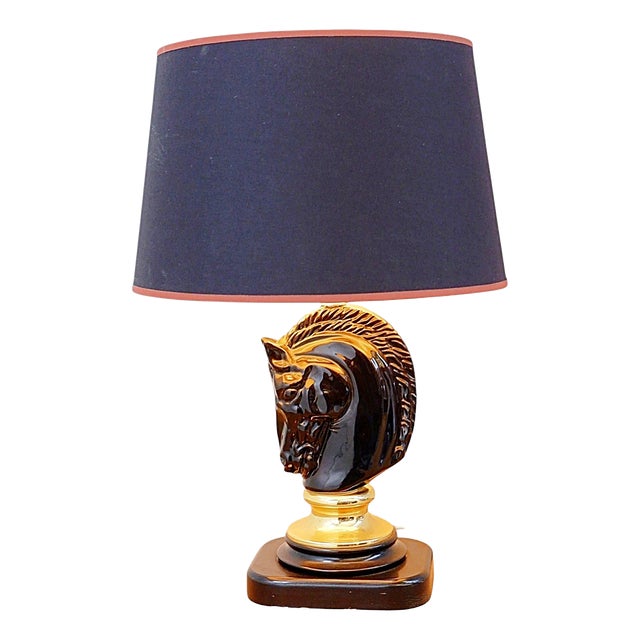 Vintage Black Ceramic Horse-Head Table Lamp from Maison Charles, 1980s For Sale