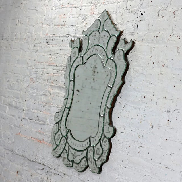 Italian Early to Mid-20th Century Italian Venetian Wall Mirror Cut Glass Sculpted & Engraved Shield Shape For Sale - Image 3 of 12