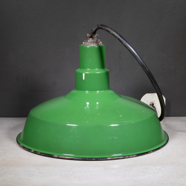 Vintage 18" Enameled Porcelain Green Industrial Pendant Lights c.1930-Set of 3 For Sale In San Francisco - Image 6 of 16