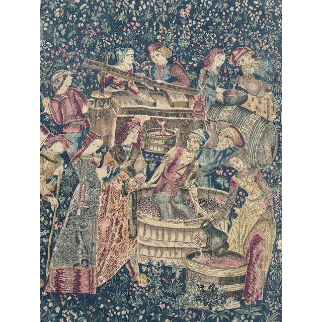 Discover the elegance of this mid-century french hand-printed tapestry featuring the exquisite design of the left half...