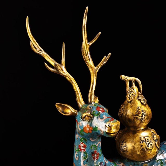 Vintage Cloisonne Enamel Deer With Gourd – 15" Gilt Auspicious Figure For Sale - Image 10 of 10