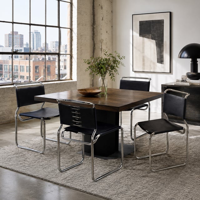 SET OF FOUR DOUBLE-CANTILEVER BLACK LEATHER "CH66" DINING CHAIR BY NICOS ZOGRAPHOS United States, circa 1970s Item #...