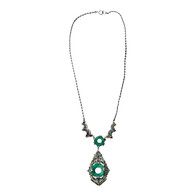 Vintage Art Deco Marcasite and Green Stone Necklace With Pendant For Sale