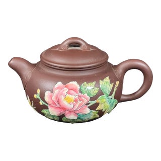 Late 20th Century Chinese Art Yixing Clay Teapot With Enamel Flower Design For Sale