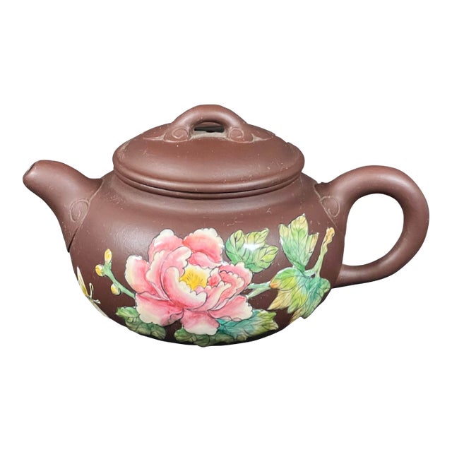 Late 20th Century Chinese Art Yixing Clay Teapot With Enamel Flower Design For Sale