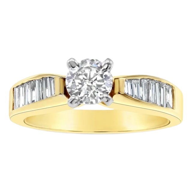 One Carat Solitaire with Baguette Accented Diamond Engagement Ring, Size 7 For Sale