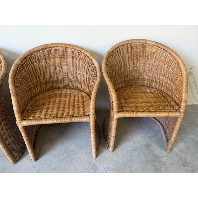 Brown 1970’s Vintage Coastal Organic Woven Wicker Barrel Back Dining Chairs – Set of 4 For Sale - Image 8 of 12