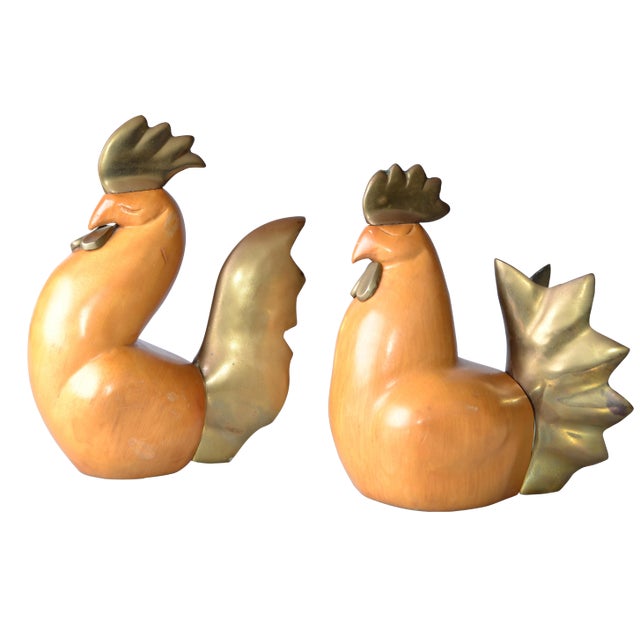 Wooden Rooster & Chicken Figurines - A Pair For Sale