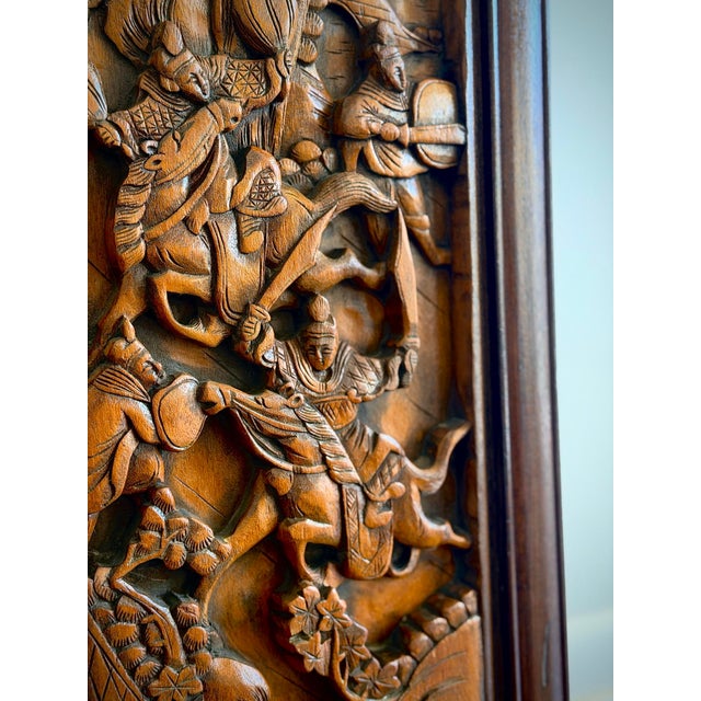 Striking Vintage Chinese Teak Relief Carving Wall Panel Chinoiserie Hollywood Regency Asian Wall Sculpture For Sale - Image 4 of 12