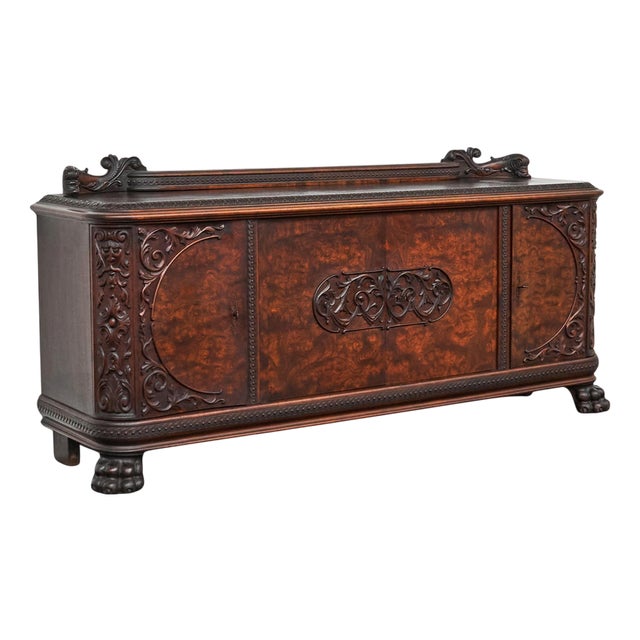 Sideboard in Carved Wood and Walnut Burl, 1940s For Sale