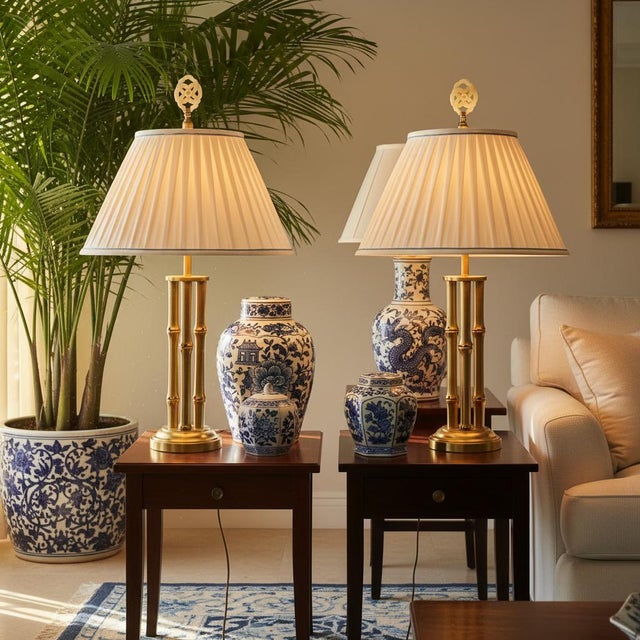 Elegant pair of vintage lamp finials featuring hand-carved floral motifs in a soft ivory-toned stone, paired with solid...