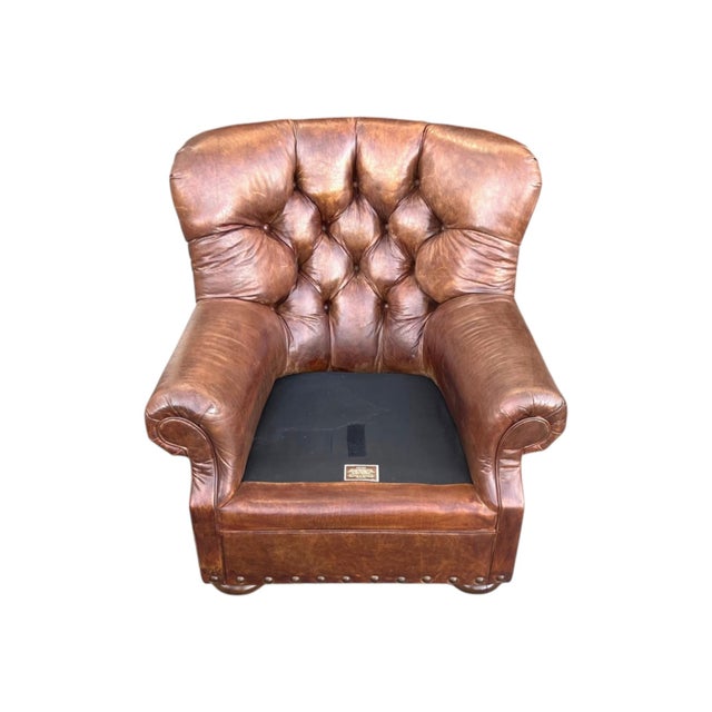 English Chesterfield Style Tufted Leather Armchair & Ottoman For Sale - Image 14 of 14