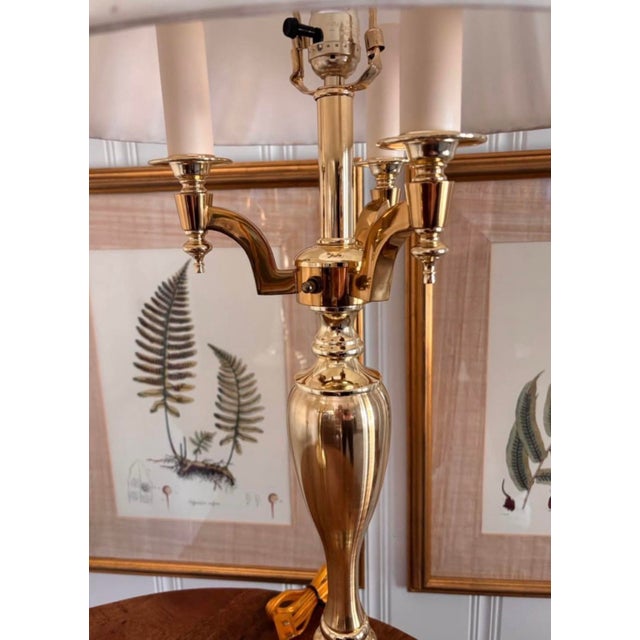 Late 20th Century Vintage Tall Heavy Brass Three Arm Bouillotte Lamps With Creamy Off White Pleated Shades - a Pair For Sale - Image 5 of 10