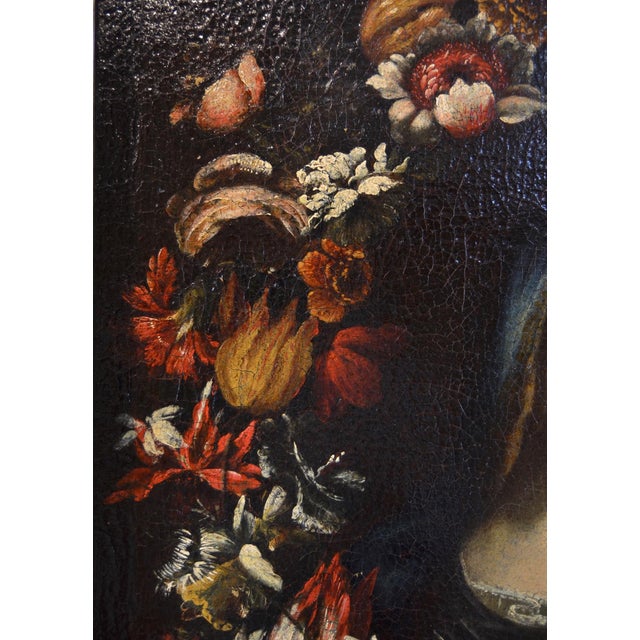 Workshop of Giovanni Stanchi, Flower Wreath with Portrait of the Virgin, 1650, Oil on Canvas, Framed For Sale - Image 7 of 18
